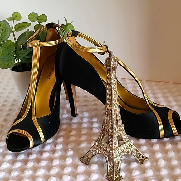 Nine West Shoes Nine West Black And Gold Art Deco Satin Heels